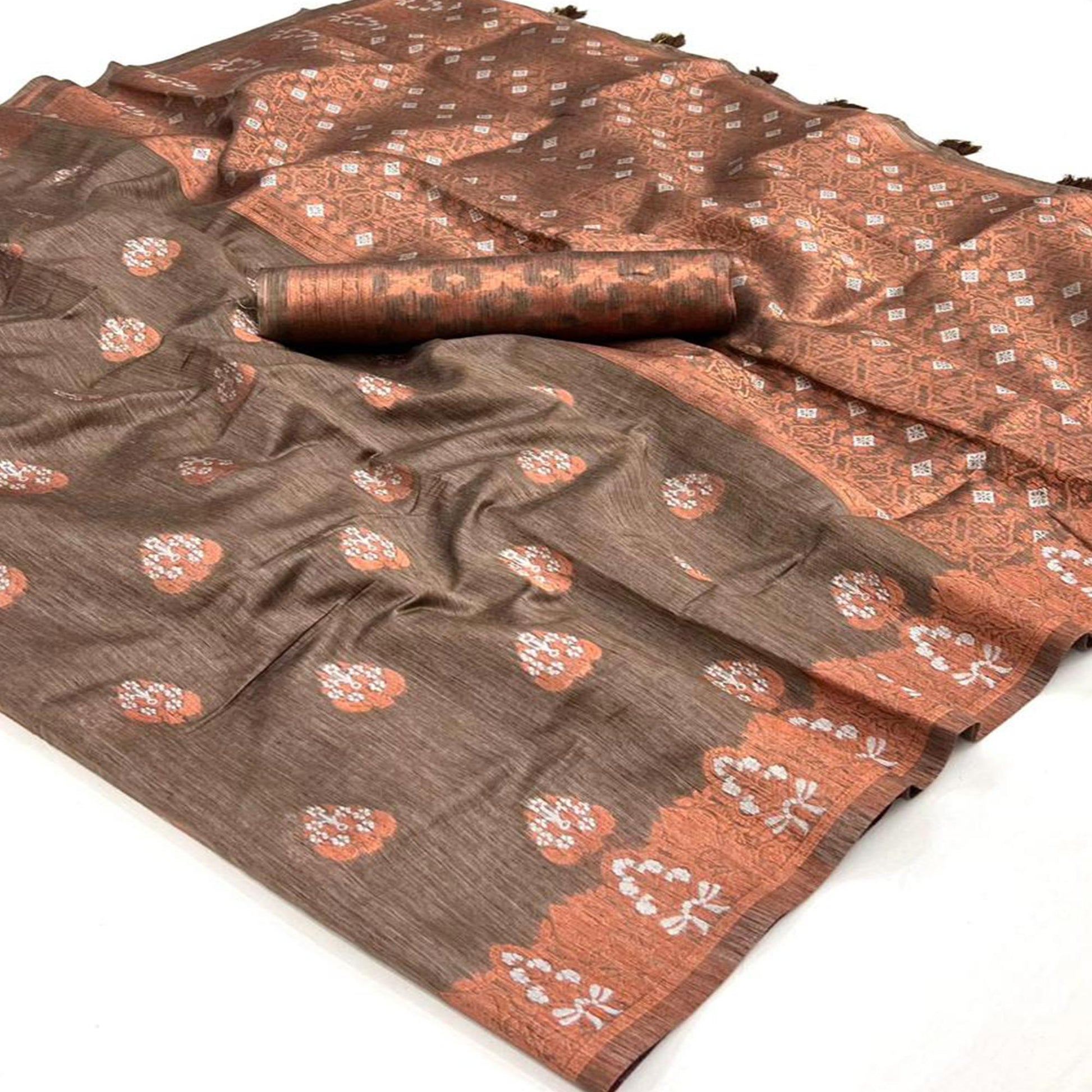 Brown Woven Linen Saree With Tassels
