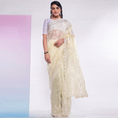 Light Yellow Floral Embroidered Organza Saree