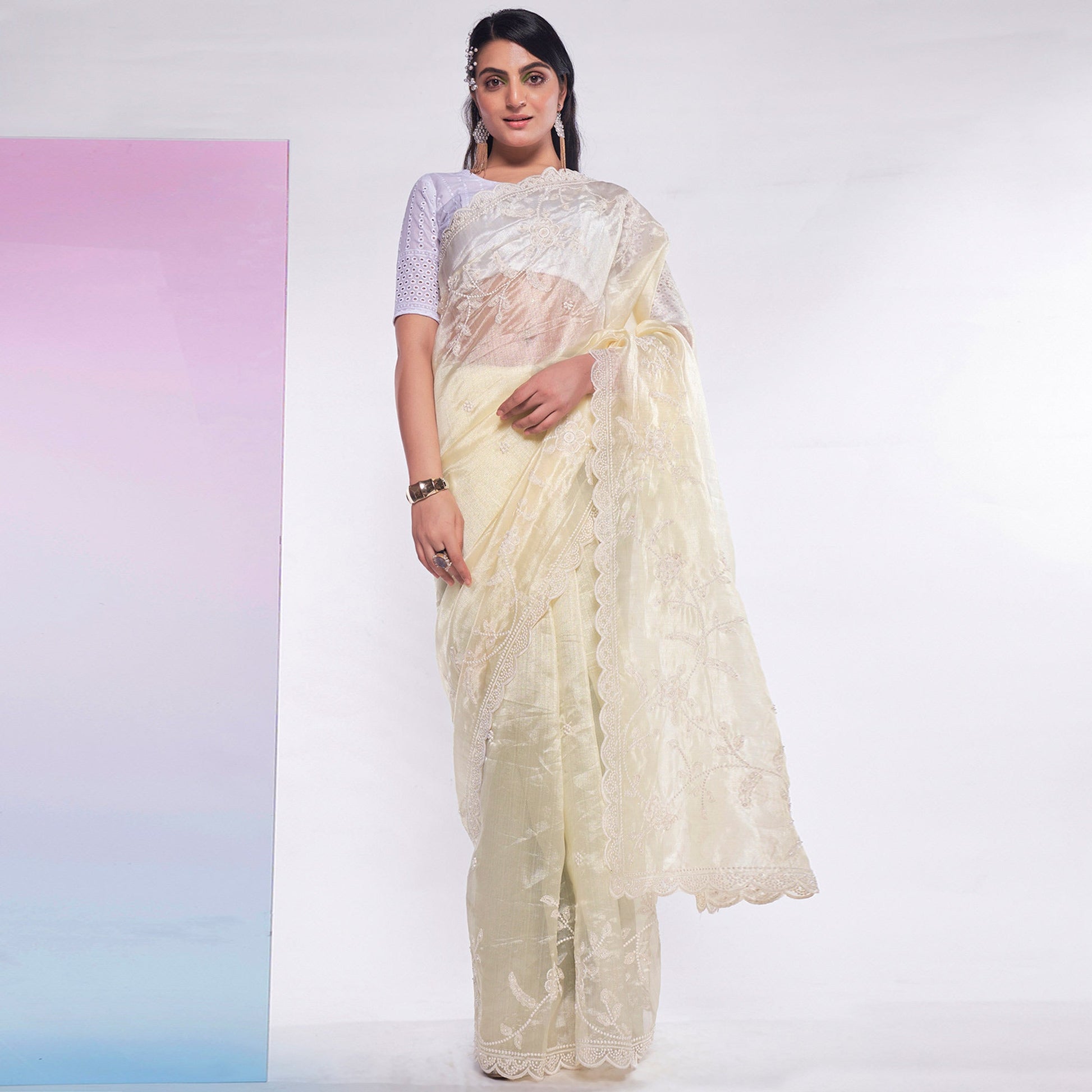 Light Yellow Floral Embroidered Organza Saree
