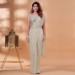 Cream Sequins Embroidered Ready to Wear Georgette Saree