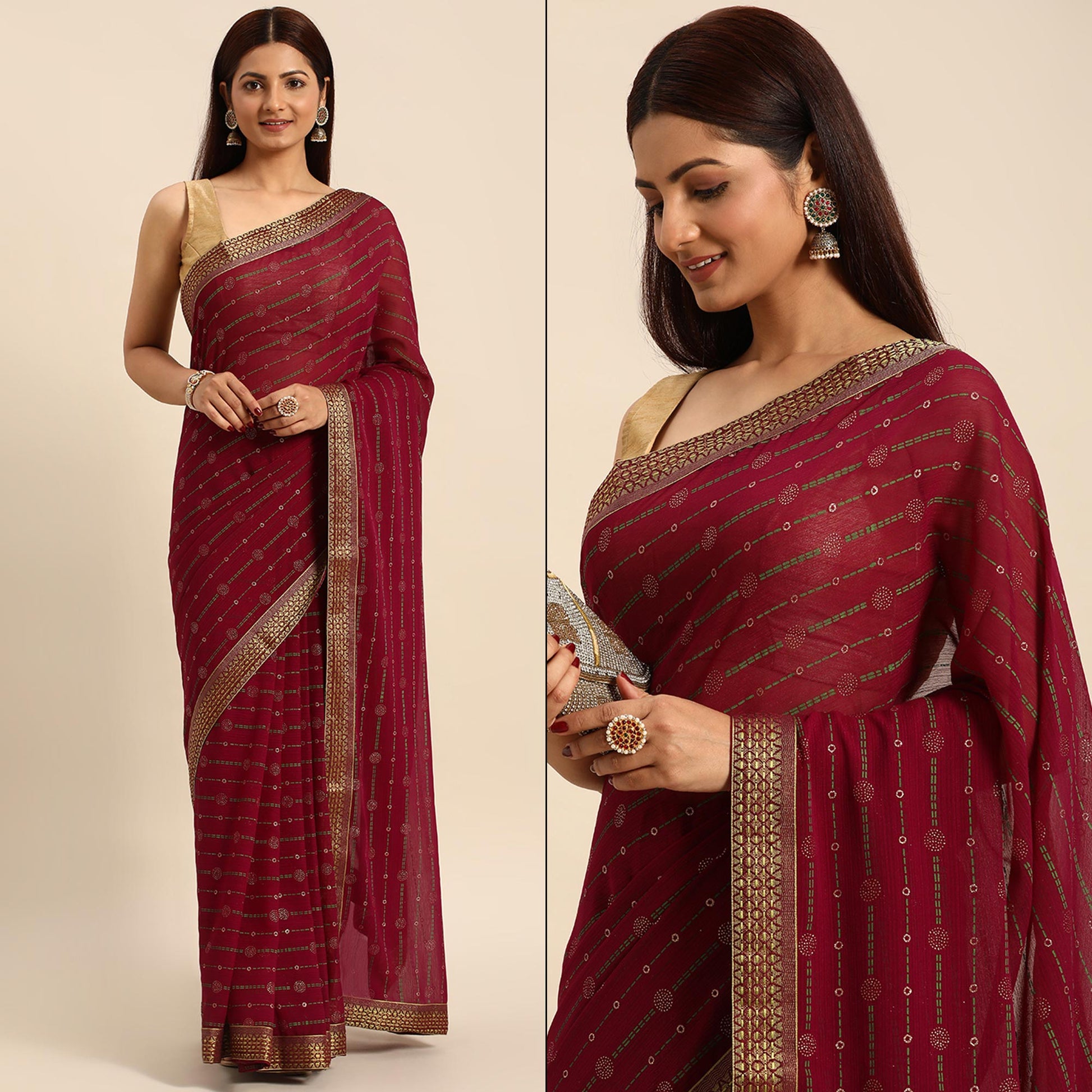 Maroon Foil Printed Zomato Saree