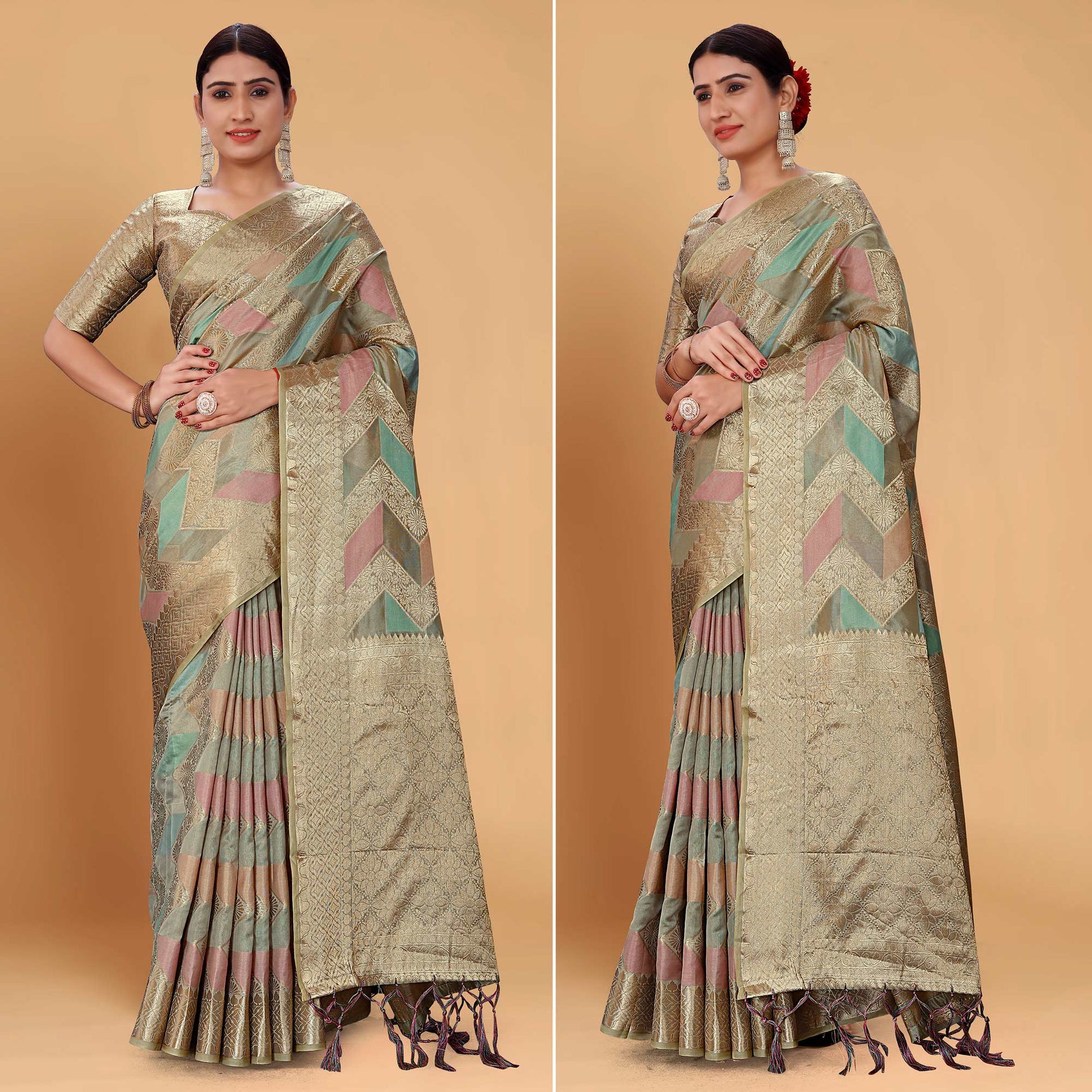 Grey Woven Organza Saree With Tassels