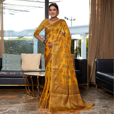 Light Mustard Floral Woven Organza Saree