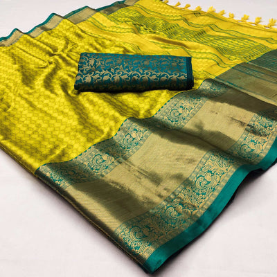 Lemon Yellow Woven Cotton Silk Saree With Tassels
