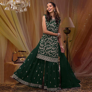 Dark Green Floral Embroidered Georgette Semi Stitched Sharara Suit