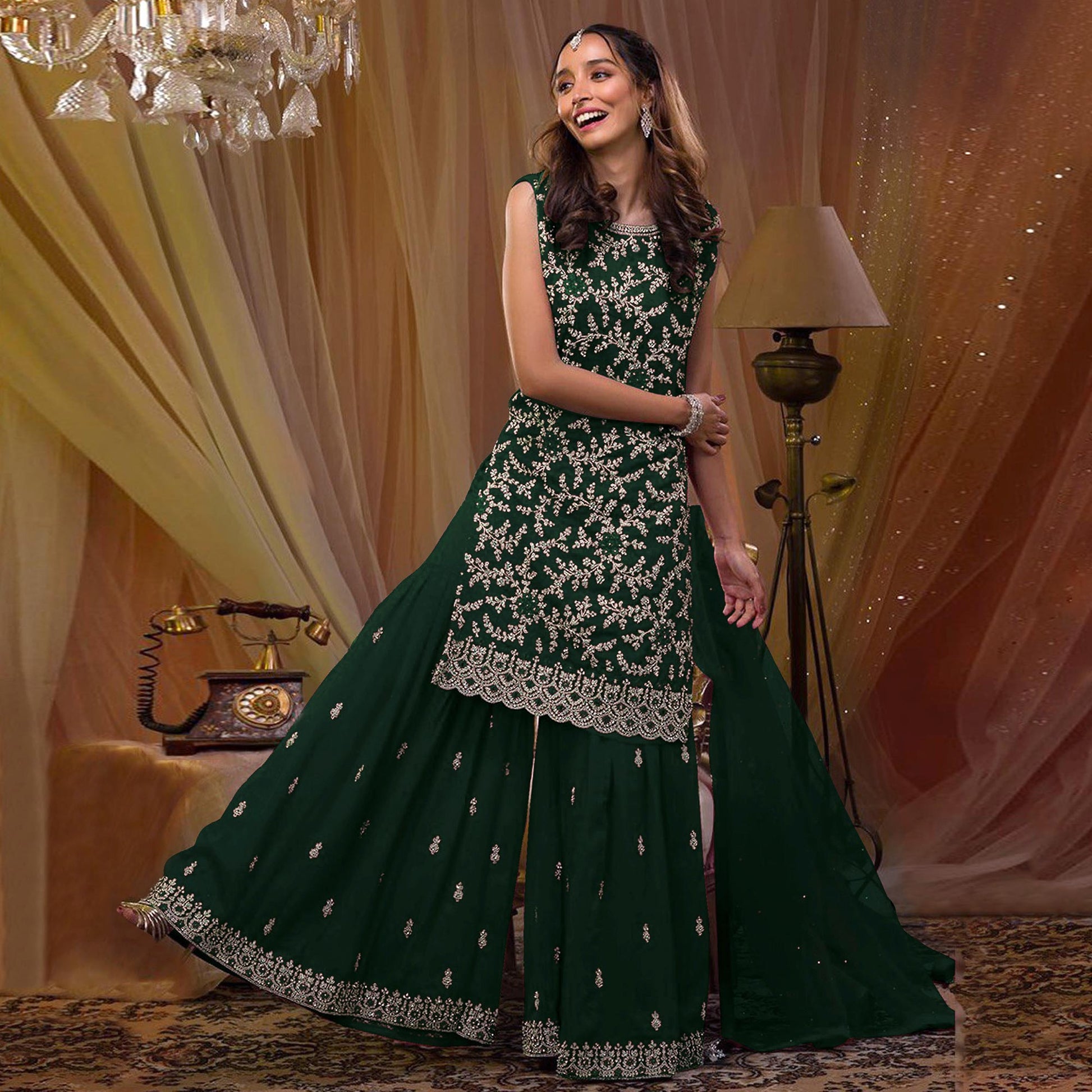 Dark Green Floral Embroidered Georgette Semi Stitched Sharara Suit