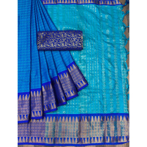 Firozi Blue Woven Cotton Silk Saree With Tassels