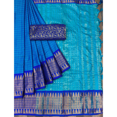 Firozi Blue Woven Cotton Silk Saree With Tassels