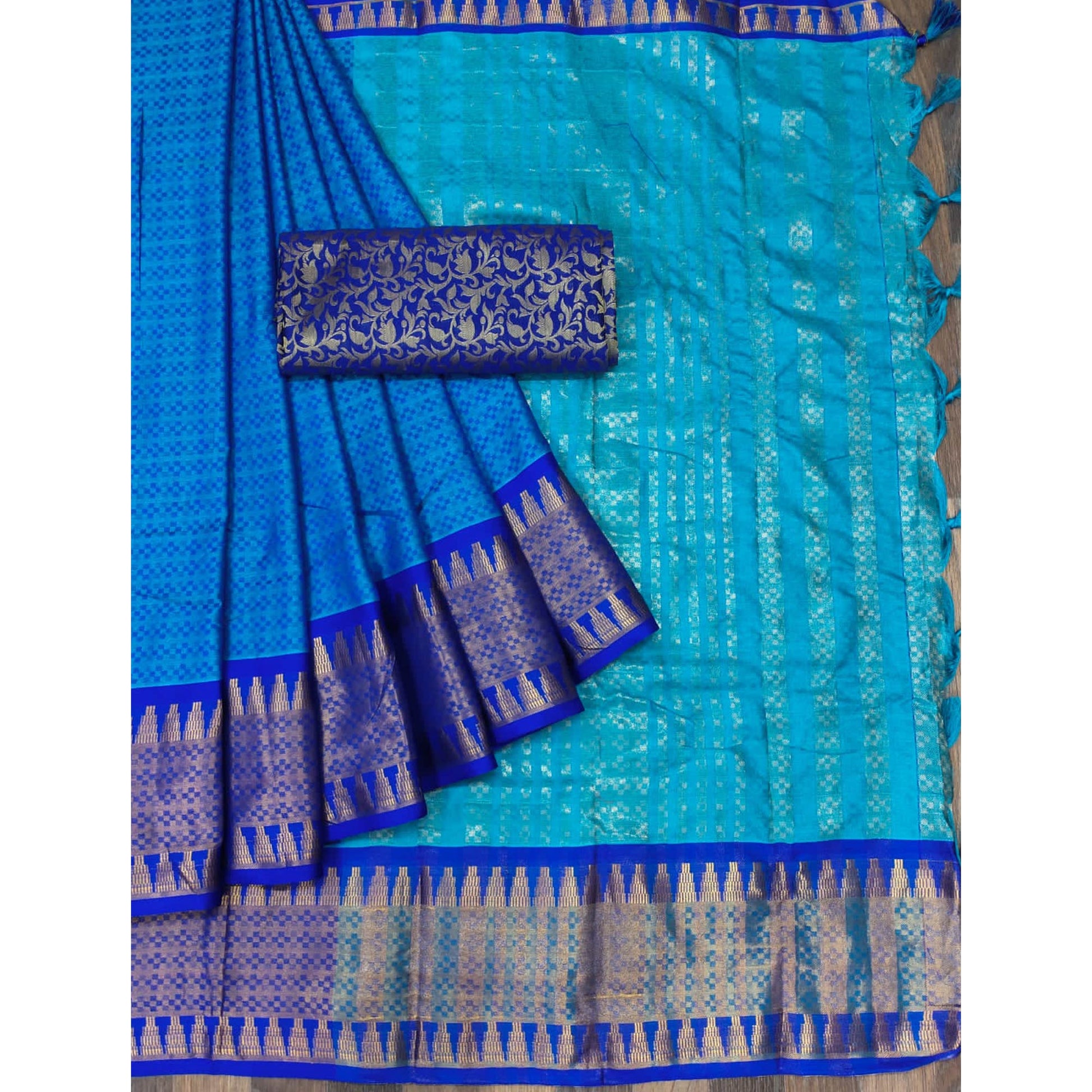 Firozi Blue Woven Cotton Silk Saree With Tassels