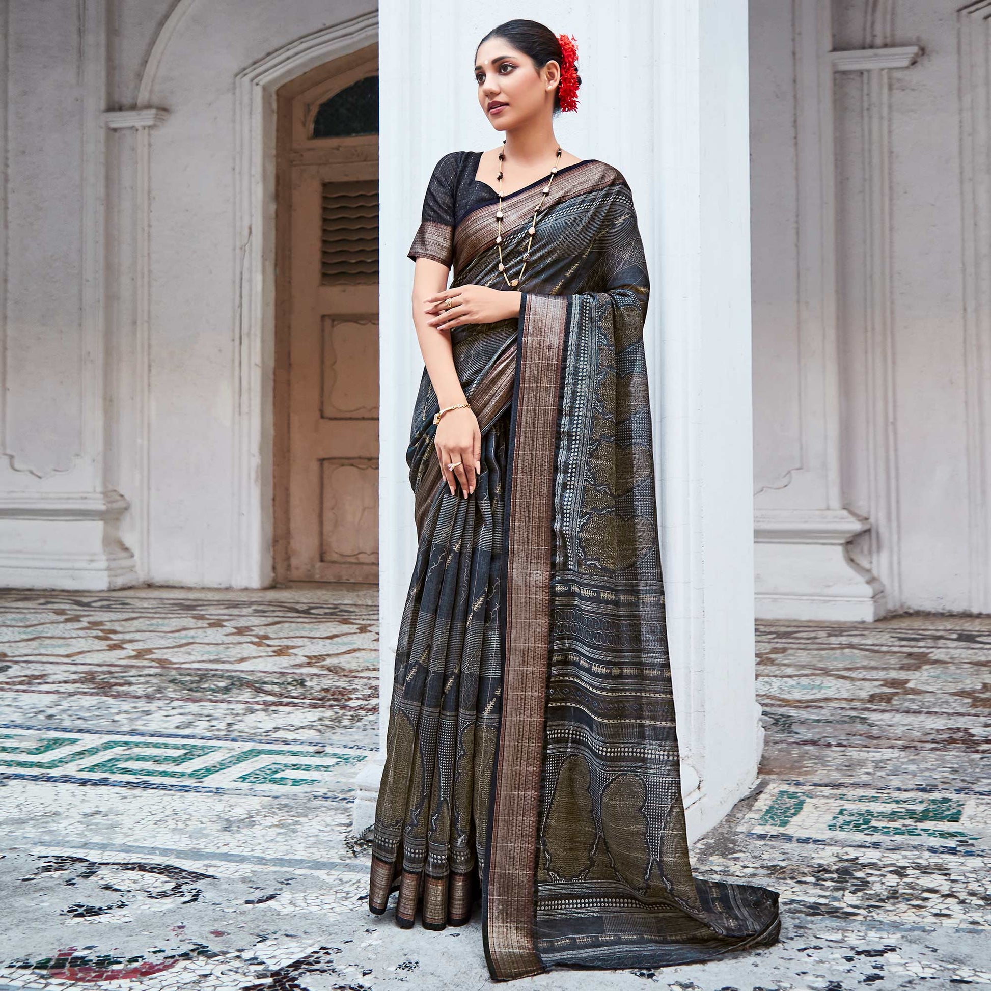 Grey Printed With Woven Border Cotton Saree
