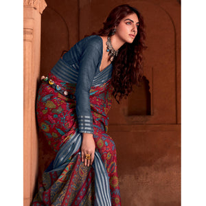 Maroon Floral Printed Linen Saree