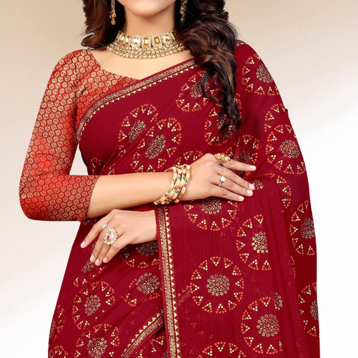 Maroon Bandhani Printed Chiffon Saree
