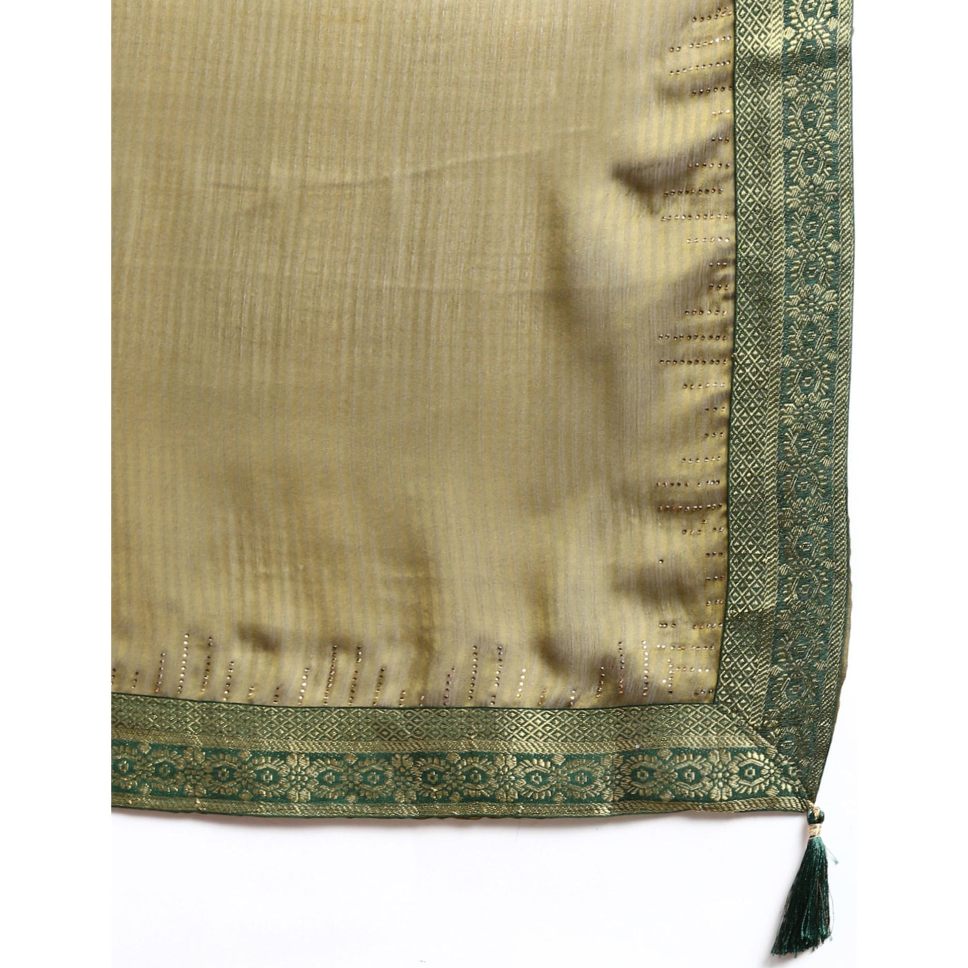 Mehndi Green Swaroski Work With Woven Border Satin Saree