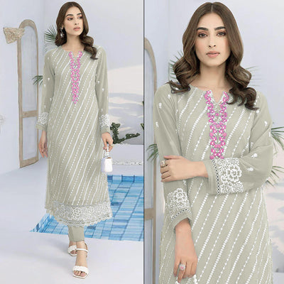 Fog Green Floral Embroidered Georgette Semi Stitched Suit