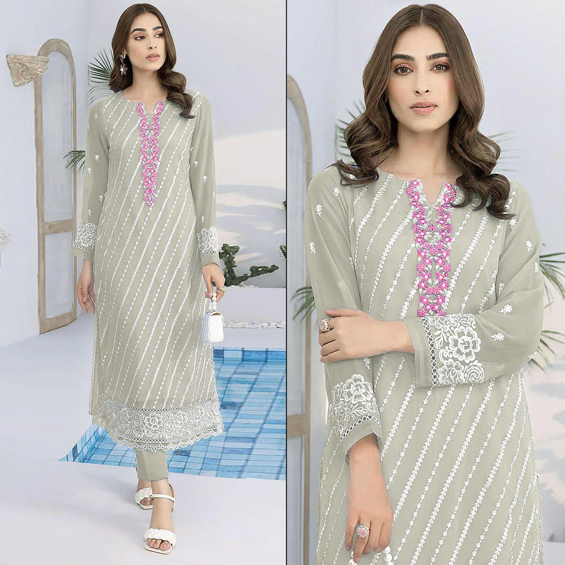 Fog Green Floral Embroidered Georgette Semi Stitched Suit