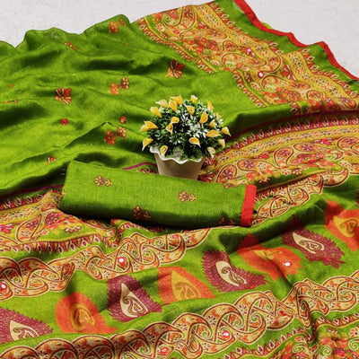 green-printed-poly-cotton-saree-with-tassels