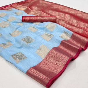 Blue Woven Linen Saree With Tassels