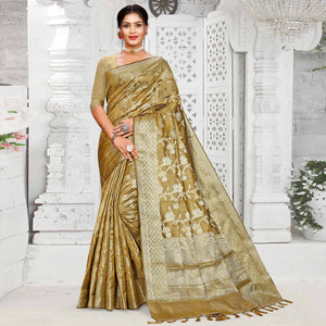 Mehendi Green Floral Woven Organza Saree With Tassels