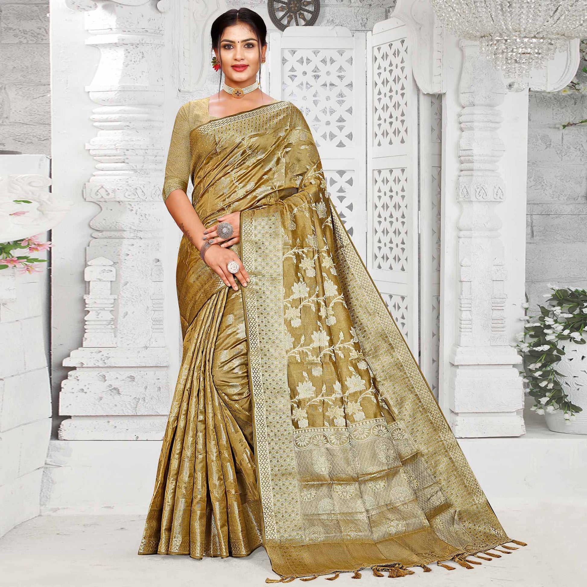 Mehendi Green Floral Woven Organza Saree With Tassels