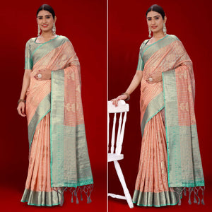 Dark Peach Floral Woven Organza Saree With Tassels