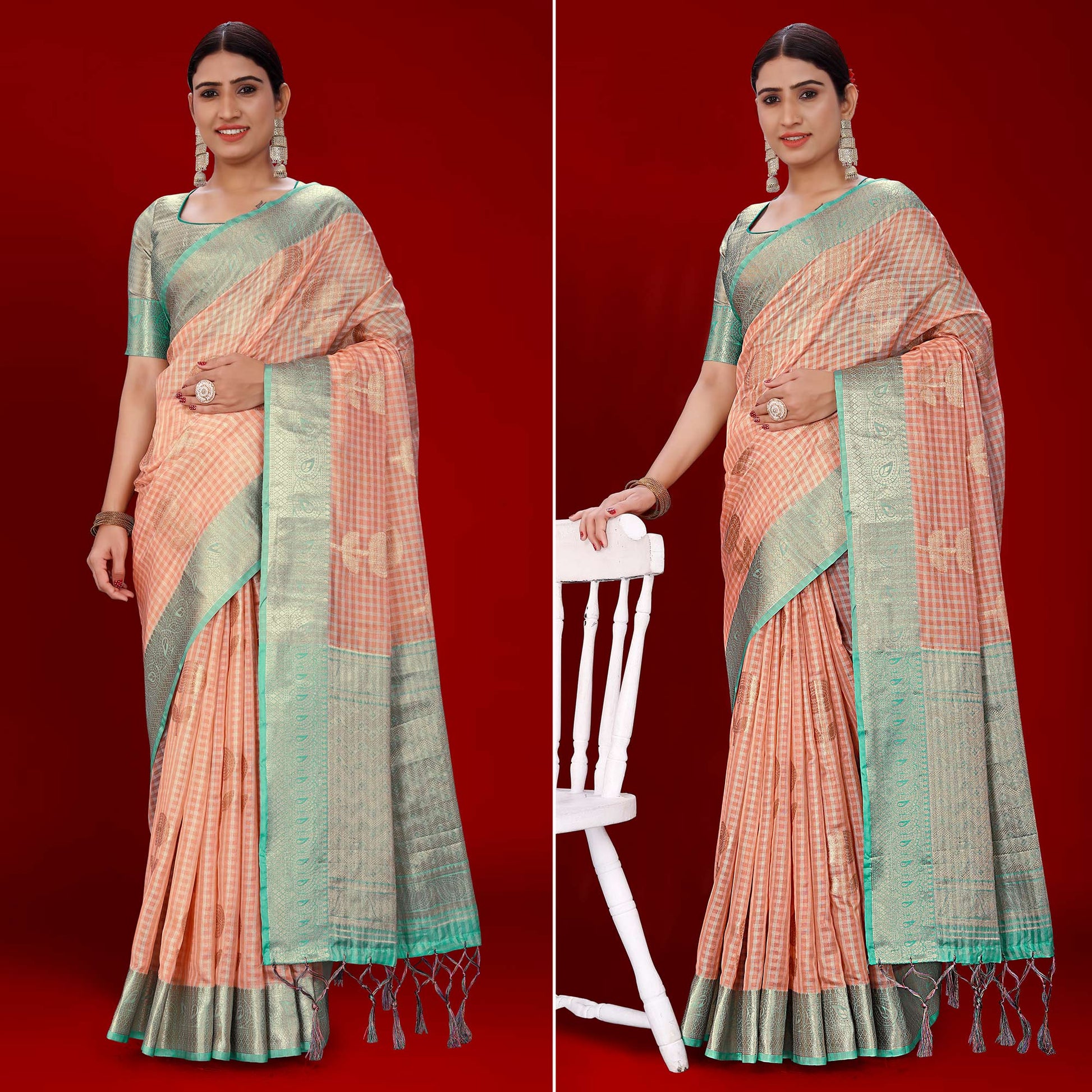 Dark Peach Floral Woven Organza Saree With Tassels