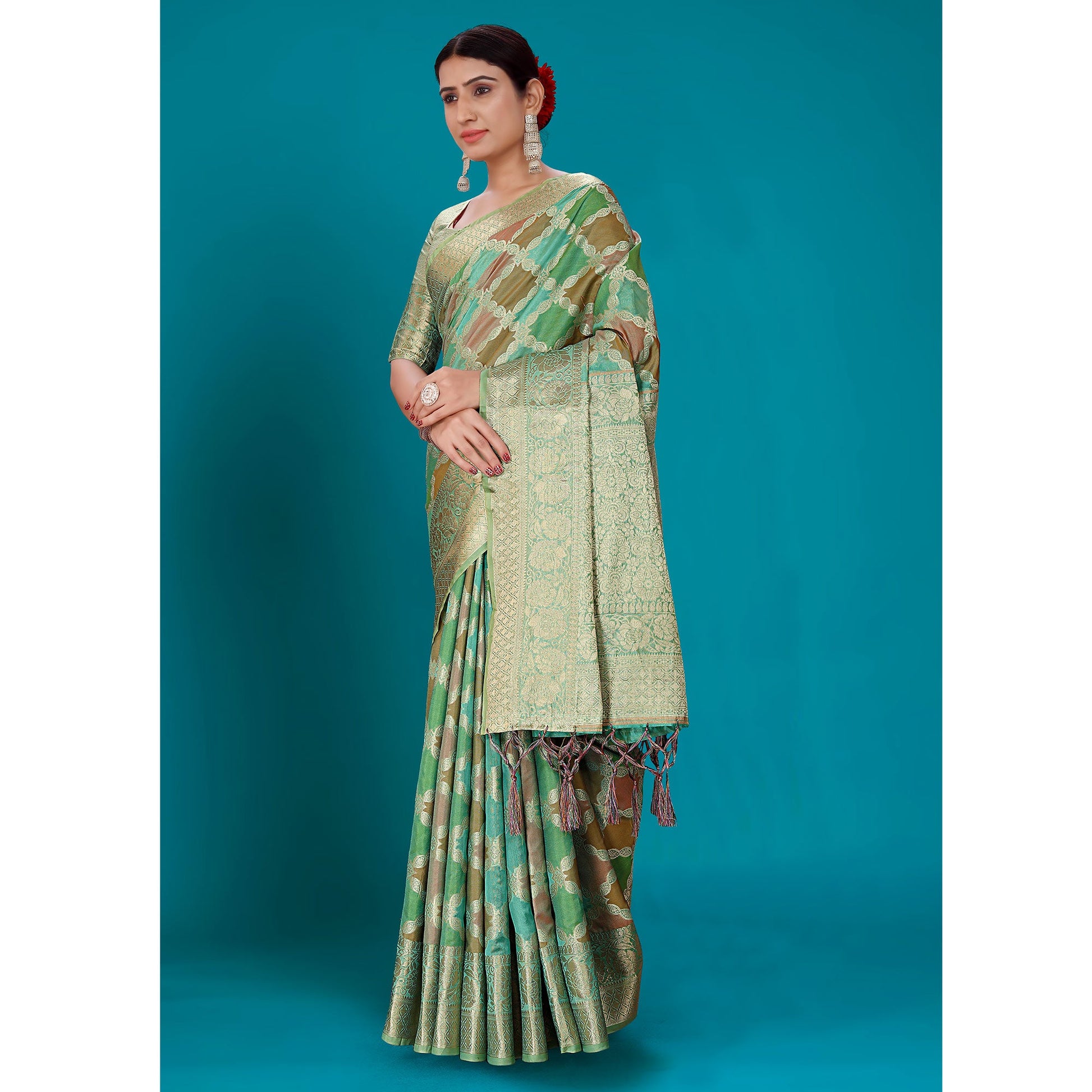 green-woven-organza-saree-with-tassels-16