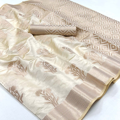 Cream Woven Raw Silk Saree