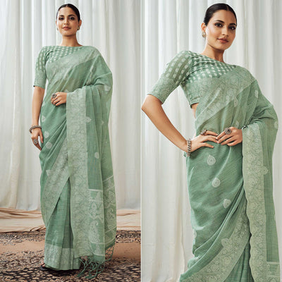 green-woven-linen-saree-2