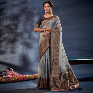 Grey Woven Organza Saree