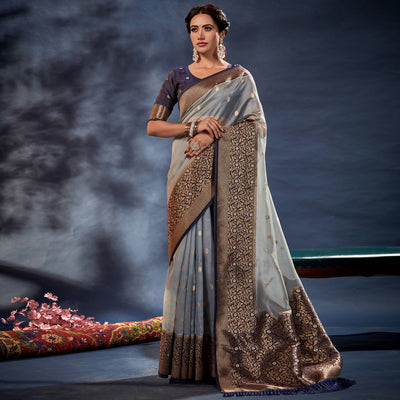 Grey Woven Organza Saree