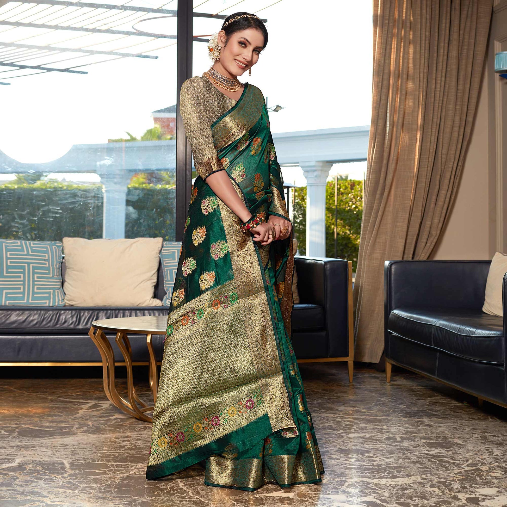 a-green-floral-woven-organza-saree