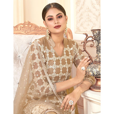Brown Sequins Embroidered Net Semi Stitched Suit