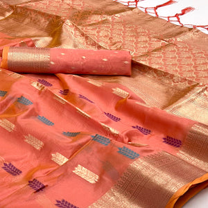 Dark Peach Floral Woven Organza Saree