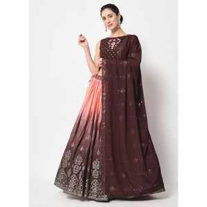 Coffee & Peach Foil Printed Chiffon Lehenga Choli