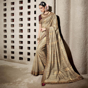 Light Brown Woven With Embroidered Border Organza Saree