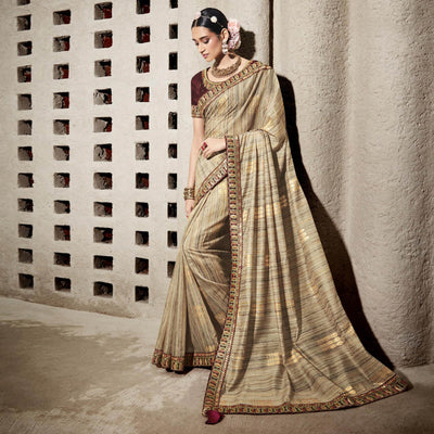 Light Brown Woven With Embroidered Border Organza Saree