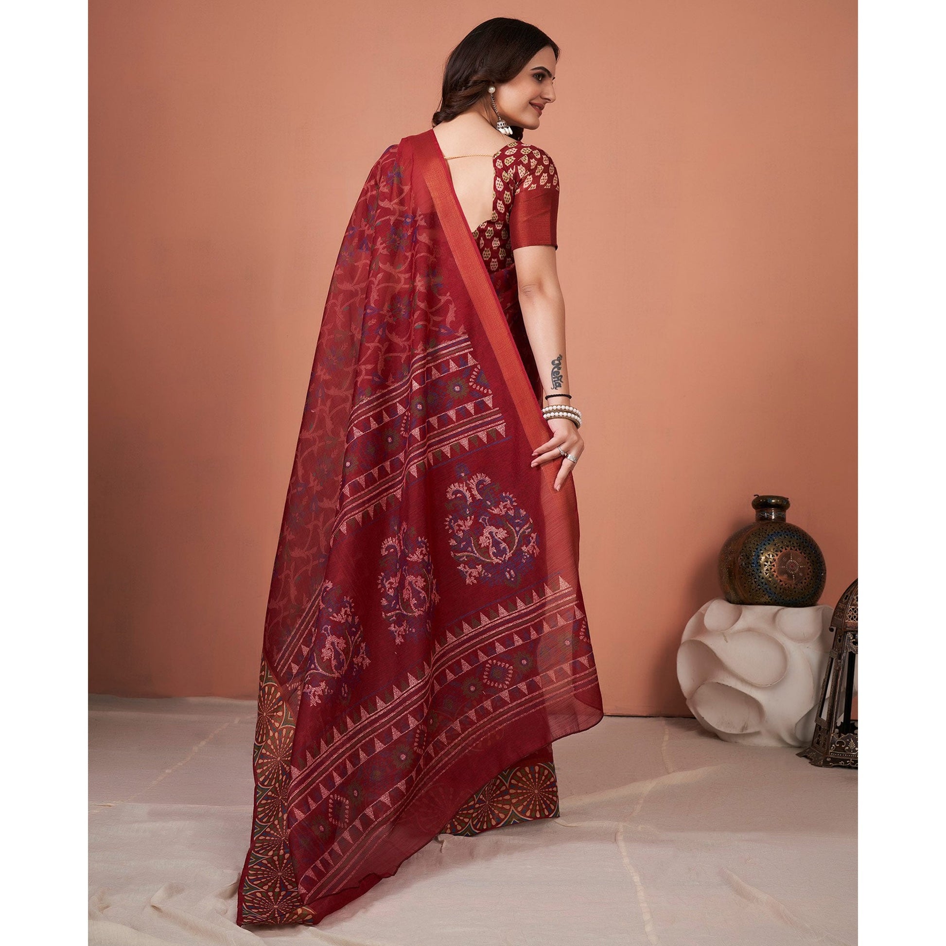 Maroon Printed Cotton Saree With Tassels