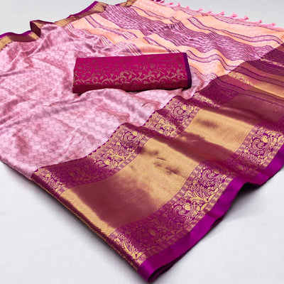 Blush Pink Woven Cotton Silk Saree With Tassels