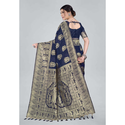 Blue Woven Organza Saree With Tassels