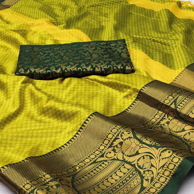 Lemon Green Woven Cotton Silk Saree With Tassels