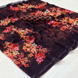 Dark Wine Floral Digital Printed Georgette Saree