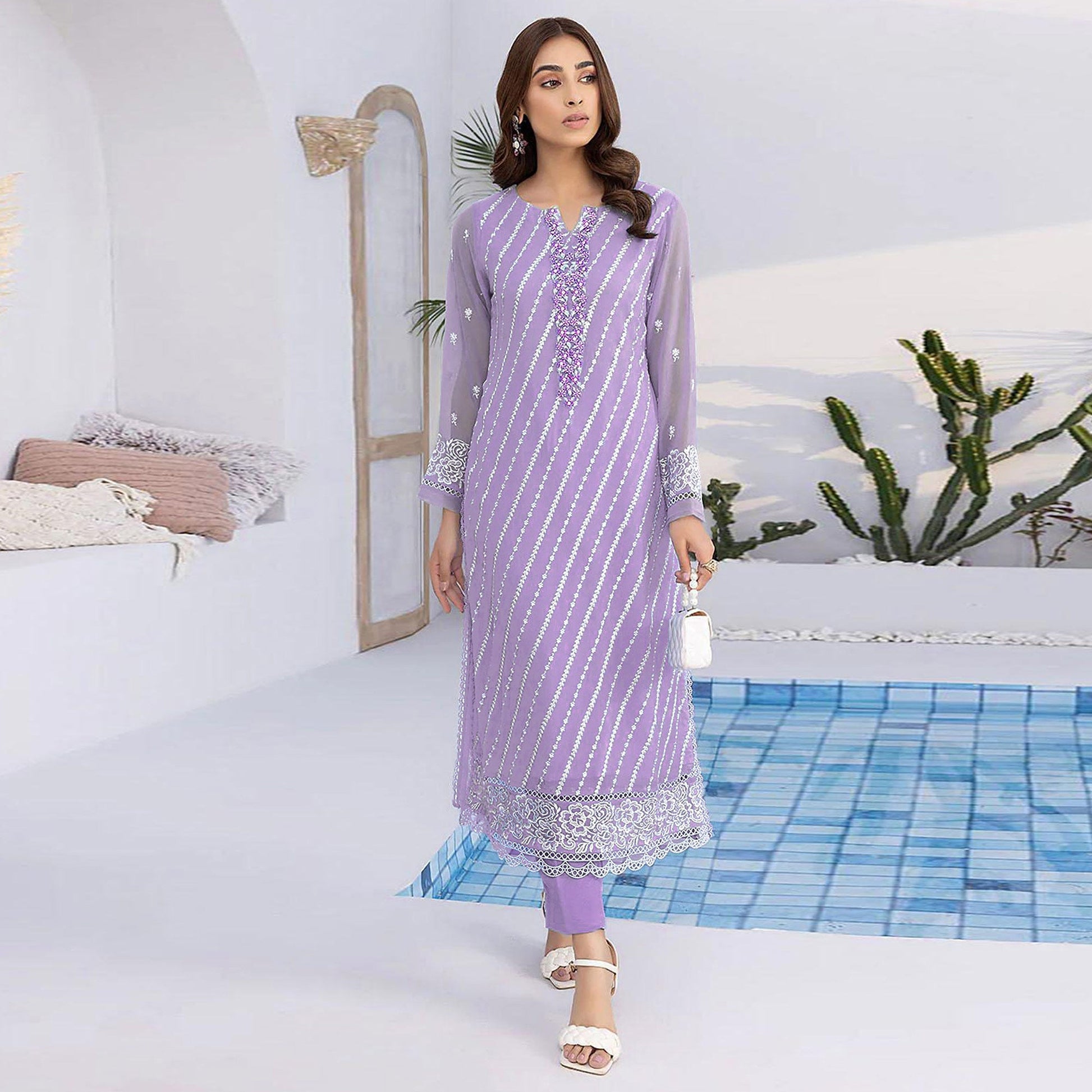 Light Purple Floral Embroidered Georgette Semi Stitched Suit