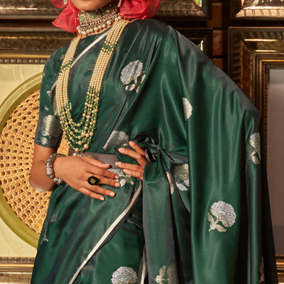 Bottle Green Floral Woven Satin Saree With Tassels