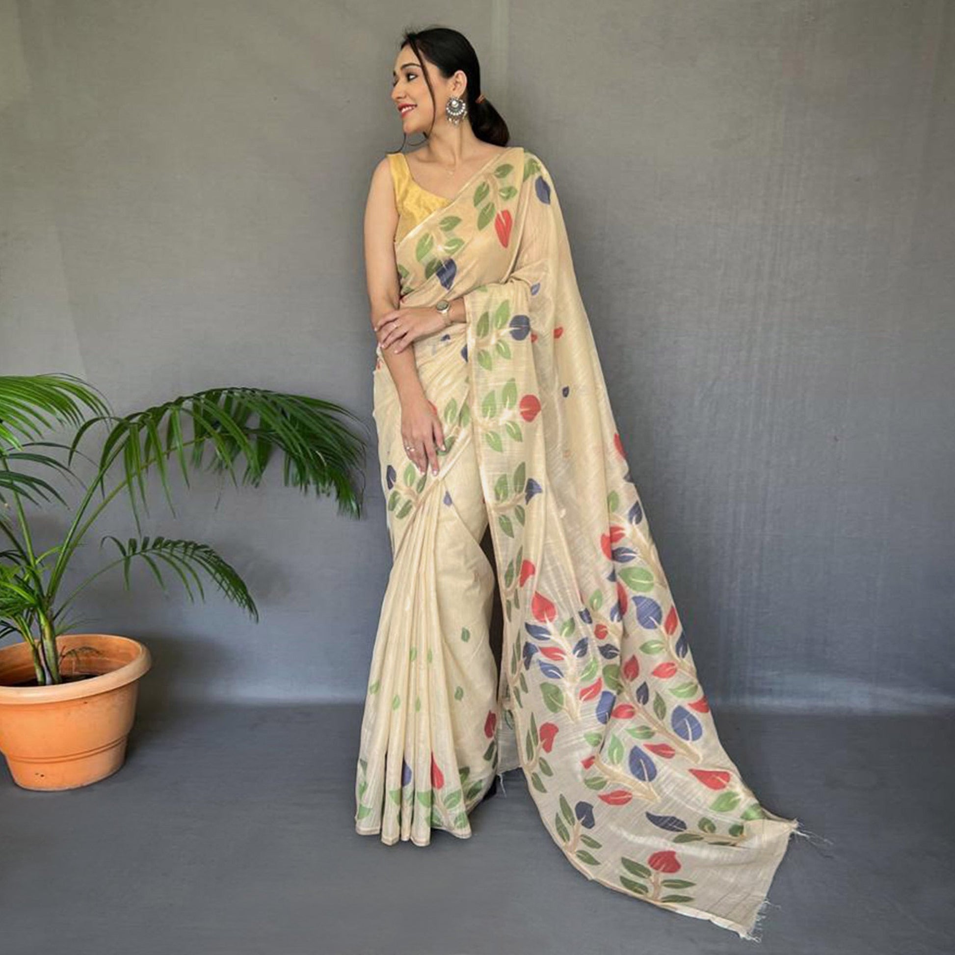 Chikoo Floral Woven Cotton Saree