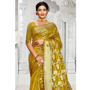 Mehendi Green Floral Woven Organza Saree With Tassels