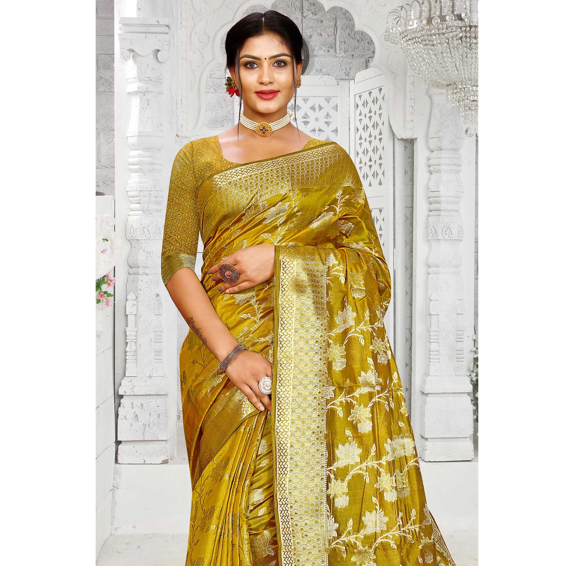 Mehendi Green Floral Woven Organza Saree With Tassels