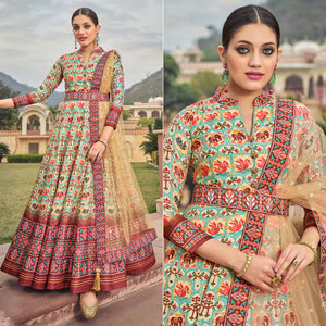 Cream & Blue Patola Digital Printed Dola Silk Gown