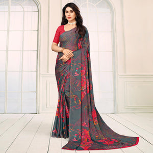 Grey Printed Georgette Saree