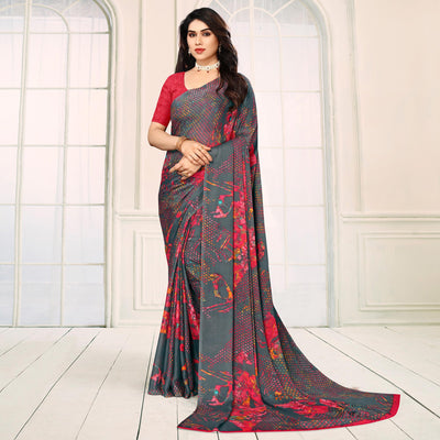 Grey Printed Georgette Saree