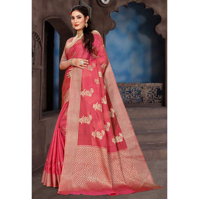 Gajari Pink Floral Woven Organza Saree